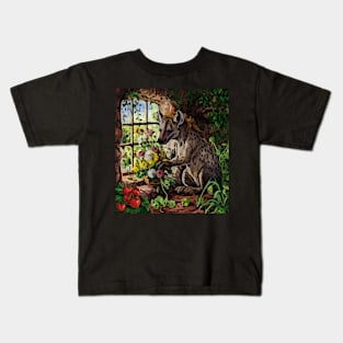 watercolor hyena with garden and mixed flowers Kids T-Shirt